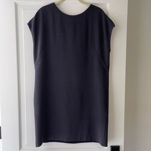 Vince Shift Dress, dark blue with black leather piping at collar , has pockets